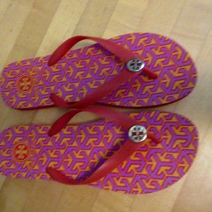 Tory Burch Orange Pink Logo Flip Flops women's 9